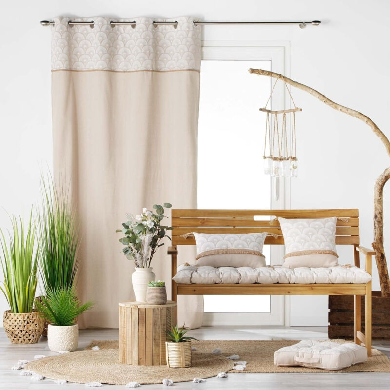Ideau Bahina Écru-Blanc - 140 x 240 cm, Polycoton et Jute Imprimée