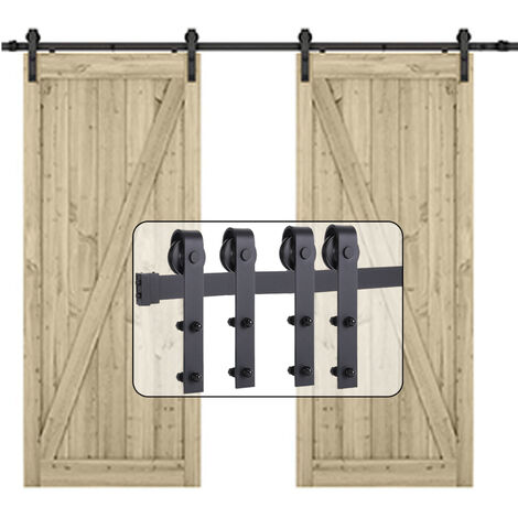 iDEGU 200cm Kit de Rail Roulettes pour Porte Coulissante Hardware pour Double Porte Suspendue en Bois Sliding Barn Door Hardware Flat Shaped