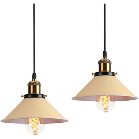 iDEGU Lot de 2 Lustre Moderne Industriel en Métal Ø22cm Suspension Luminaire en Couleur Macaron Lampe de Plafond en Forme Chapeau pour Salon Cuisine Bar Galerie - Jaune Clair Mat