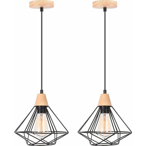 iDEGU Lot de 2 Lustre Suspension Industriel en Métal Bois Lampe de Plafond en Forme Diamant Ø22cm E27 Luminaire Moderne pour Salon Cuisine Restaurant Noir