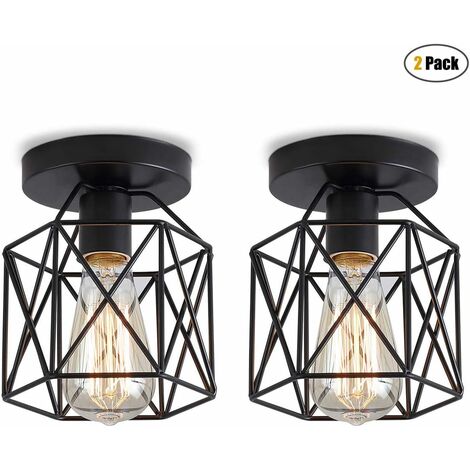 iDEGU Lot de 2 Vintage Plafonnier Industriel en Métal Cage Hexagone Luminaire Abat-jour Géométrique Design Suspension E27 Lampe de Plafond pour Chambre Café Restaurent Entrée Couloir, 15CM