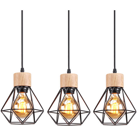 iDEGU Lot de 3 Suspension Luminaire Industriel en Métal et Bois E27 Lampe en Forme Diamant Lustre pour Chambre Cuisine Corridor Bar Café Noir