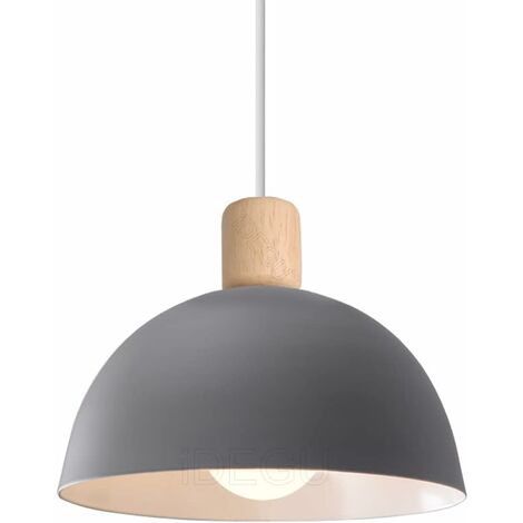 iDEGU Lustre en Métal Bois E27 Lampe Design Chapeau Rond Arqué Ø20cm Suspension Moderne Industriel pour Salon Cuisine Restaurant Gris
