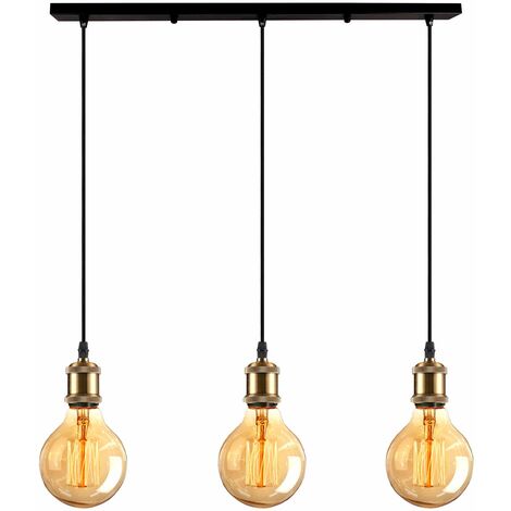 iDEGU Lustre Suspension Vintage 3 Lampes Luminaire Plafonnier Métal avec E27 Douilles de Lampe, Style Edison, Laiton Antique