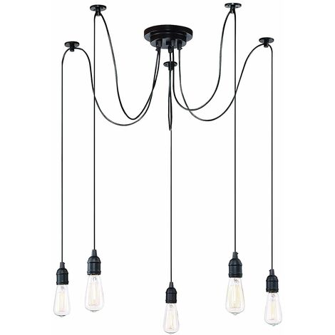iDEGU Moderne et Rétro Lustre Suspension, 5 Bras Suspension Luminaire DIY Créatif Lustre Araignee Ajustable 150CM Vintage Lampe de Plafond avec E27 Douille, Noir - 5 Lumières