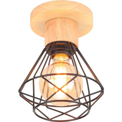 iDEGU Plafonnier en Métal Bois E27 Lampe Design Forme Diamant Luminaire Industriel pour Salon Couloir Porche Loft Noir