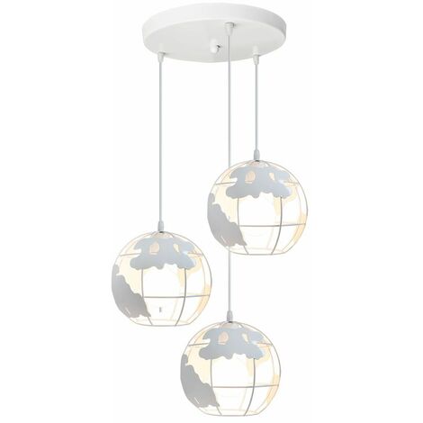 iDEGU Suspension luminaire industrielle design cage forme globe terrestre blanc, métal lustre abat-jour 3 lampes pour salon chambre salle à manger