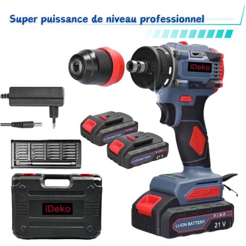 Perceuse Visseuse Sans Fil rechargeables 21V avec 2 batterie1.3Ah 55nm moteur sans brosse 24 Accessoires batterie makita - Ideko