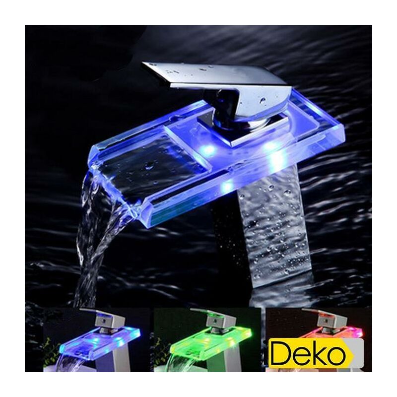 iDeko® Robinet salle de bain lavabo Mitigeur cascade en verre LED 3 couleur LED