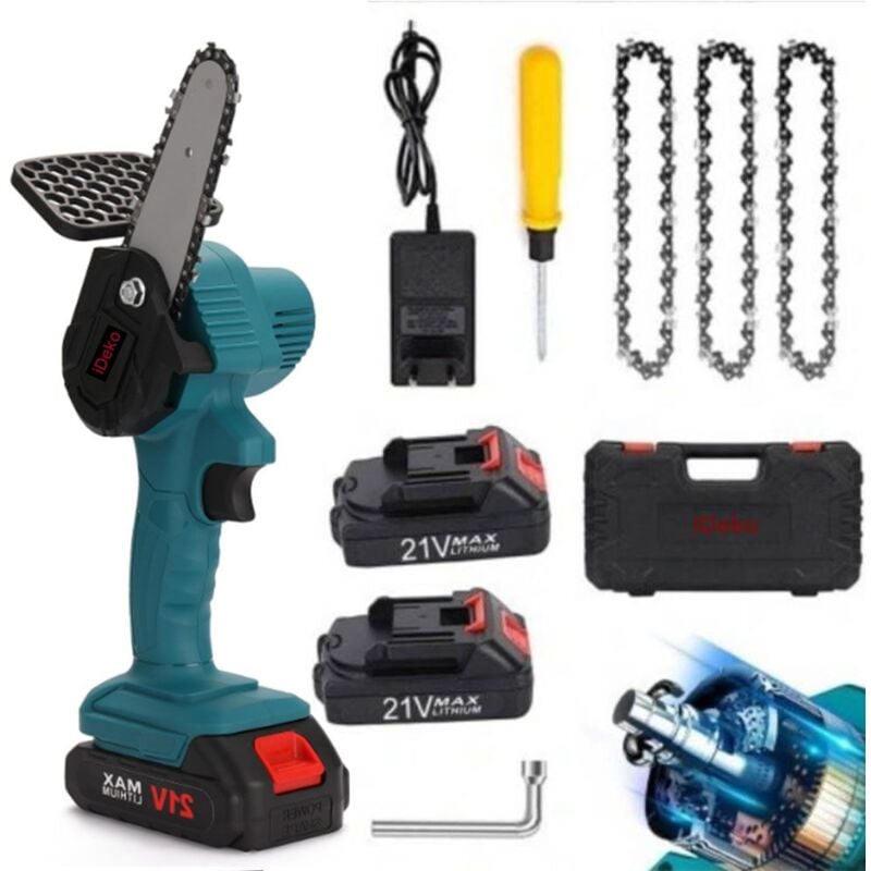 Ideko - Tronçonneuse électrique sans fil portable 21 Volt 2000 mAh 2 batteries scie à chaîne coupe d'arbres de jardin