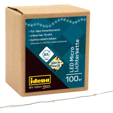 Idena 30185 - Micro catena luminosa a LED con 100 LED in bianco caldo, con funzione timer 6 ore, a batteria, lunga circa 10,2 m, per feste, Natale, decorazione, matrimonio, come luce d'atmosfera