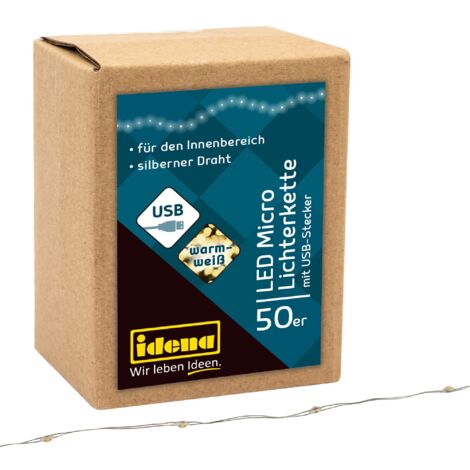 Idena 30257 - Catena luminosa LED Micro con 50 LED in bianco caldo e spina USB, per uso interno, per feste, Natale, decorazione, matrimonio, come luce d'atmosfera e per l'artigianato