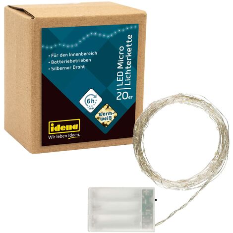Idena 31118 - Micro catena luminosa a LED con 20 LED in bianco caldo, con funzione timer 6 ore, a batteria, lunga circa 2,2 m, per feste, Natale, decorazione, matrimonio, come luce d'atmosfera