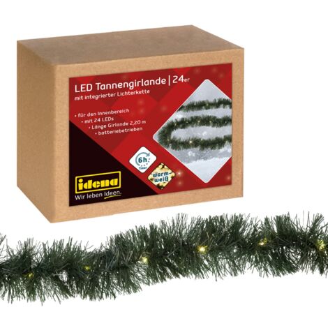 Idena 31345 - Ghirlanda di abete a LED con 24 LED in bianco caldo, con funzione timer per 6 ore, funzionamento a batteria, circa 2,2 m di lunghezza, decorazione per interni, decorazione per feste,