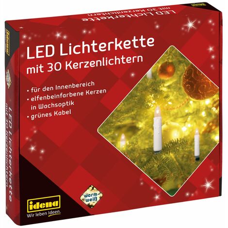 Idena 38192 - Catena di candele a LED con 30 LED in bianco caldo, 30 candele con morsetti, con spina di rete, per uso interno, come decorazione per l'albero di Natale e il bouquet di Natale