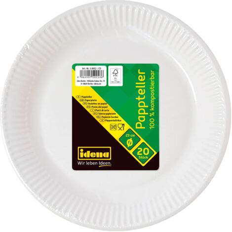 Idena 50053 - Piatti di carta bianchi, 20 pezzi, diametro 23 cm, ecologici e compostabili, piatti di carta, piatti di carta, stoviglie usa e getta
