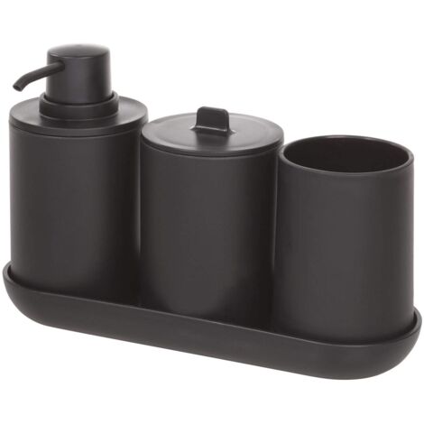 iDesign Cade accessori bagno, Set da 4 in plastica composto da dispenser sapone, portaspazzolini, contenitore cotone e vassoio, nero, 24,5 cm x 8,9 cm x 16,2 cm