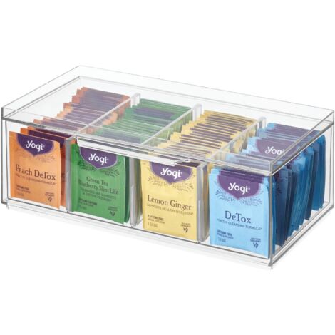 iDesign Porta 4 Scomparti, Organizer Cucina impilabile per bustine di The, Contenitore plastica con Coperchio con pareti Regolabili, Trasparente