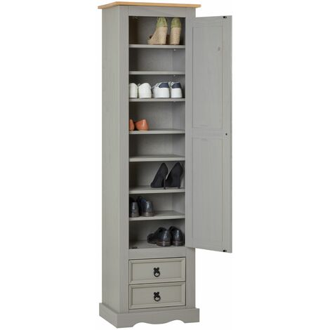 Idimex – Armoire Tequila 1 porte battante – 2 tiroirs – Pin massif lasuré gris et brun – 7 étagères pour rangement optimisé