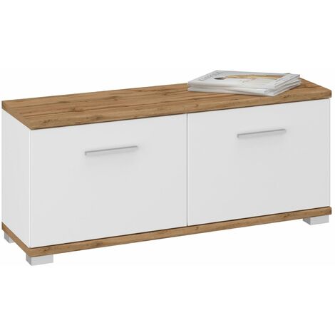 Idimex – Banc d'entrée rangement à chaussures – Mélaminé chêne wotan et blanc – Capacité 8 paires – Surface résistante aux éraflures