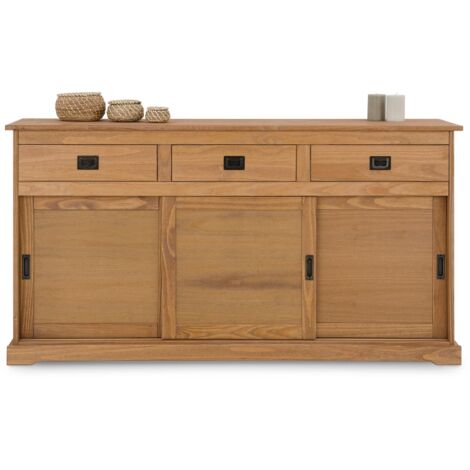 Idimex – Buffet en pin massif 116x73x35 cm – 3 tiroirs et 3 portes – Finition lasurée brun – Design traditionnel chic pour salle à manger