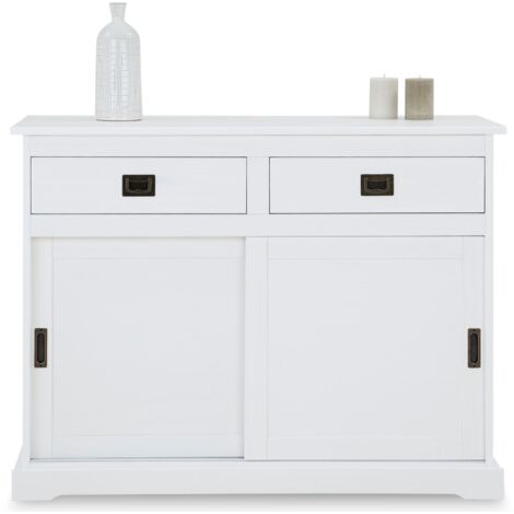 Idimex – Buffet salle à manger Savona 110 cm en pin massif lasuré blanc – 2 tiroirs et 2 portes coulissantes – Rangement pratique et élégant