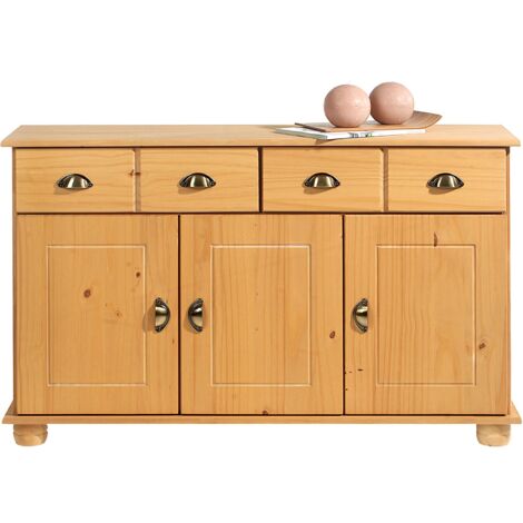 Idimex – Buffet salon Colmar 116 cm en pin massif – 74 cm de hauteur – Poignées vintage en métal bronze – Pieds en boule