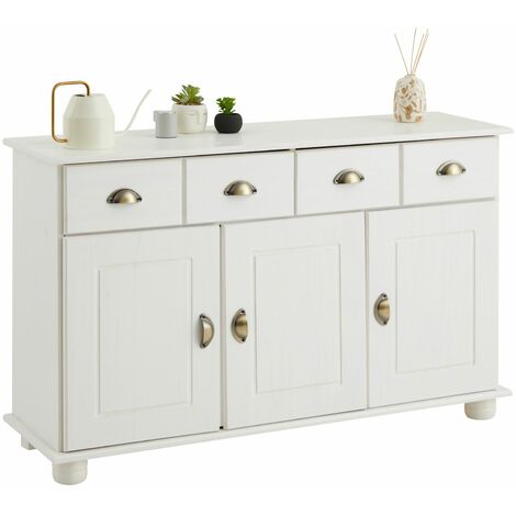 Idimex – Buffet salon Colmar 116 cm en pin massif blanc – 2 portes battantes – Poignées vintage – Pieds rustiques en boule