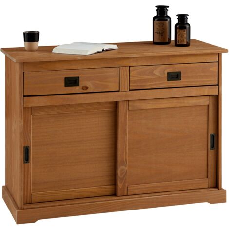 Idimex – Buffet Savona en pin massif lasuré brun – 2 tiroirs coulissants – Dimensions monté 84 x 110 x 46 cm – Poignées en métal