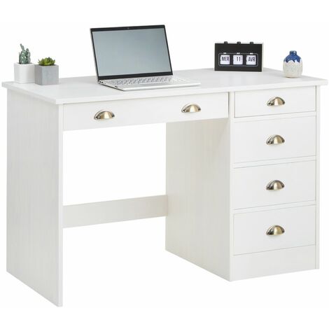 Idimex – Bureau droit LANA 5 tiroirs en pin massif lasuré blanc – Dimensions 76 x 114 x 45 cm – Aménagement pratique pour espace de travail