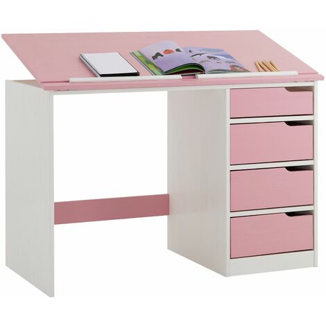 Idimex – Bureau enfant avec plateau inclinable 0° à 25° – 4 tiroirs en pin massif lasuré blanc et rose – Dimensions 76 x 114 x 55 cm
