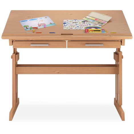 Idimex – Bureau enfant réglable en hauteur 66-100 cm – Plateau inclinable 0-32° – En pin massif lasuré couleur hêtre – 2 tiroirs de rangement