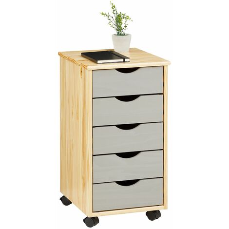 Idimex – Caisson de bureau sur roulettes avec 5 tiroirs en pin massif vernis naturel et lasuré gris – Dimensions 65 x 35 x 40 cm – Surface résistante