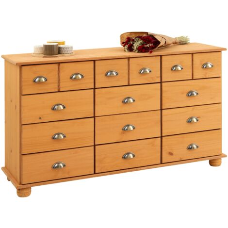 Idimex – Commode chambre Colmar 134 cm en pin massif – 12 tiroirs avec poignées bronze – Finition cirée antique – Dimensions H 80 x L 134 x P 39 cm