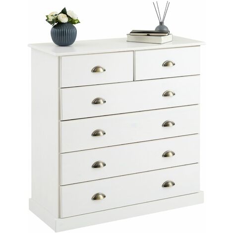 Idimex – Commode chambre Paris 91 cm – Bois massif blanc – 6 tiroirs avec poignées en métal bronze – Dimensions H 95 x P 39 cm