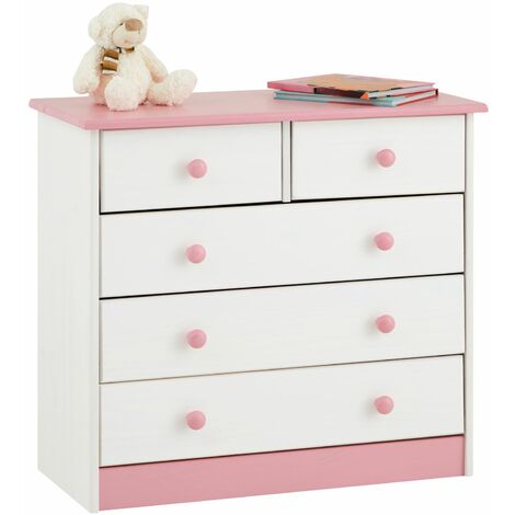 Idimex – Commode en pin massif 5 tiroirs – Dimensions 74x79x35cm – Lasurée blanc et rose – Design élégant pour chambre d'enfant