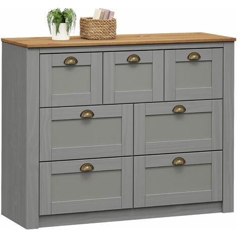Idimex – Commode chambre Bolton 110 cm en bois massif pin – 3 petits et 4 grands tiroirs – Finition gris et brun – Poignées métal bronze