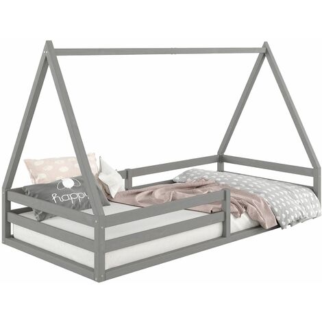 Idimex – Lit cabane 90 x 190 cm en pin massif gris – Barrières de protection modulables – Assemblage facile – Design inspiré Montessori - SILA 90 X