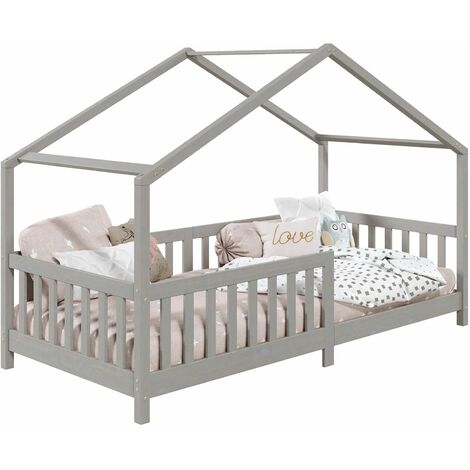 Idimex – Lit cabane 90 x 190 cm – En pin massif lasuré gris – Design maisonnette avec barrières modulables – Convient avec sommier à lattes