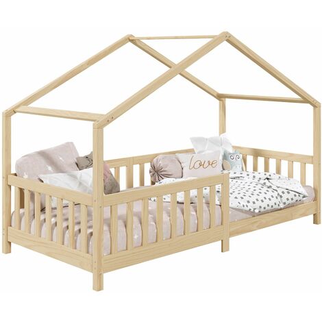 Idimex – Lit cabane 90 x 190 cm en pin massif naturel – Design maisonnette – Couchage bas pour autonomie enfant – Barrière modulable