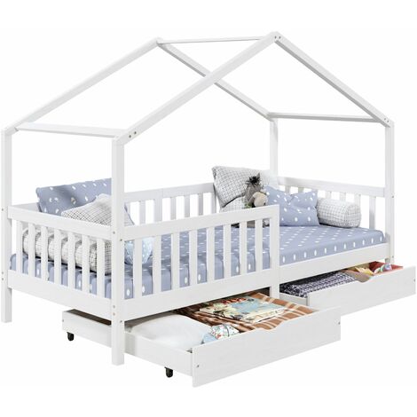Idimex – Lit cabane 90 x 200 cm avec 2 tiroirs – Structure en pin massif lasuré blanc – Barrière modulable pour sécurité enfant