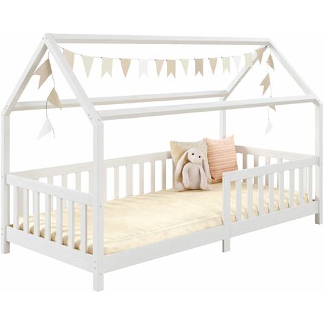 Idimex – Lit cabane NINA 90 x 190 cm – En pin massif lasuré blanc – Barrières de sécurité modulables – Design maisonnette pour enfants