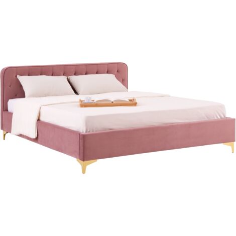 Idimex – Lit double capitonné 140x190 cm – Revêtement velours rose – Sommier à lattes inclus – Pieds en métal doré