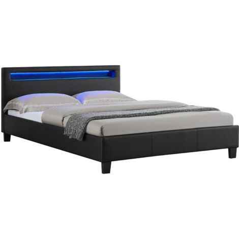 Idimex – Lit LED double 140x190 cm avec sommier à lattes – Revêtement tissu noir – Éclairage LED personnalisable – Tête de lit rembourrée
