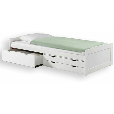 Idimex – Lit fonctionnel en pin 90 x 200 cm – Lasuré blanc – Avec grand tiroir sur roulettes – Rangement optimisé pour chambre enfant
