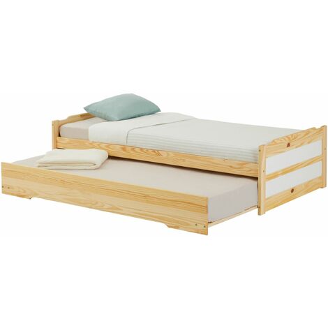 Idimex – Lit gigogne 90 x 190 cm en pin massif – Tiroir-lit pratique – Vernis naturel et blanc – Convient aux sommiers roulés