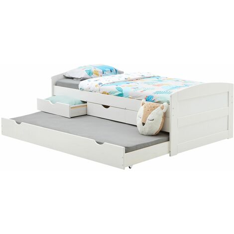 Idimex – Lit gigogne 90 x 190 cm en pin massif lasuré blanc – 3 tiroirs de rangement – Convient avec sommier à lattes – Design classique pour petits espaces