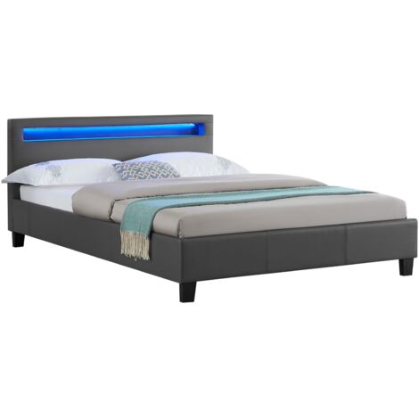 Idimex – Lit LED double 140x190 cm avec sommier à lattes – Revêtement tissu gris – Éclairage LED intégré – Télécommande incluse