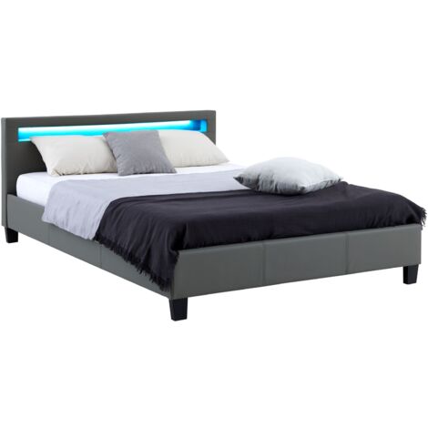 Idimex – Lit LED double 140x190 cm avec sommier – Revêtement synthétique gris – Tête de lit rembourrée avec éclairage LED personnalisable