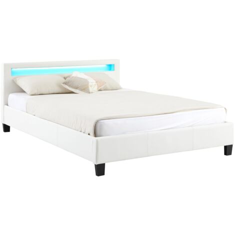 Idimex – Lit LED double 140x190 cm – Sommier inclus – Revêtement synthétique blanc – Éclairage LED modifiable – Tête de lit rembourrée